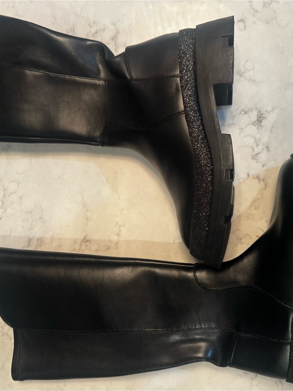 Steve Madden Black Leather Knee-High Boots with Glitter Platform